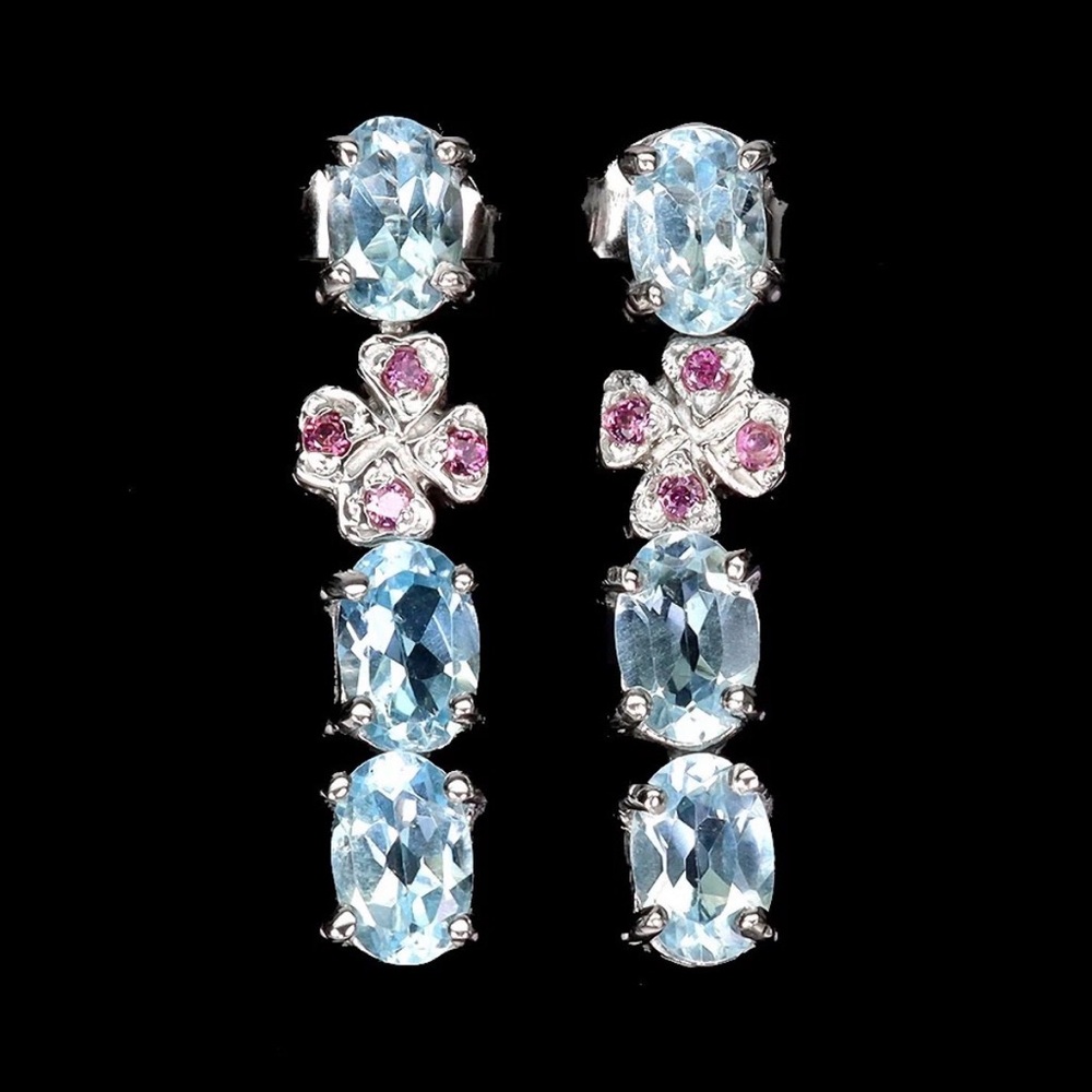 Natural Sky Blue Topaz with Garnets in 925 Sterling Silver drop Earrings